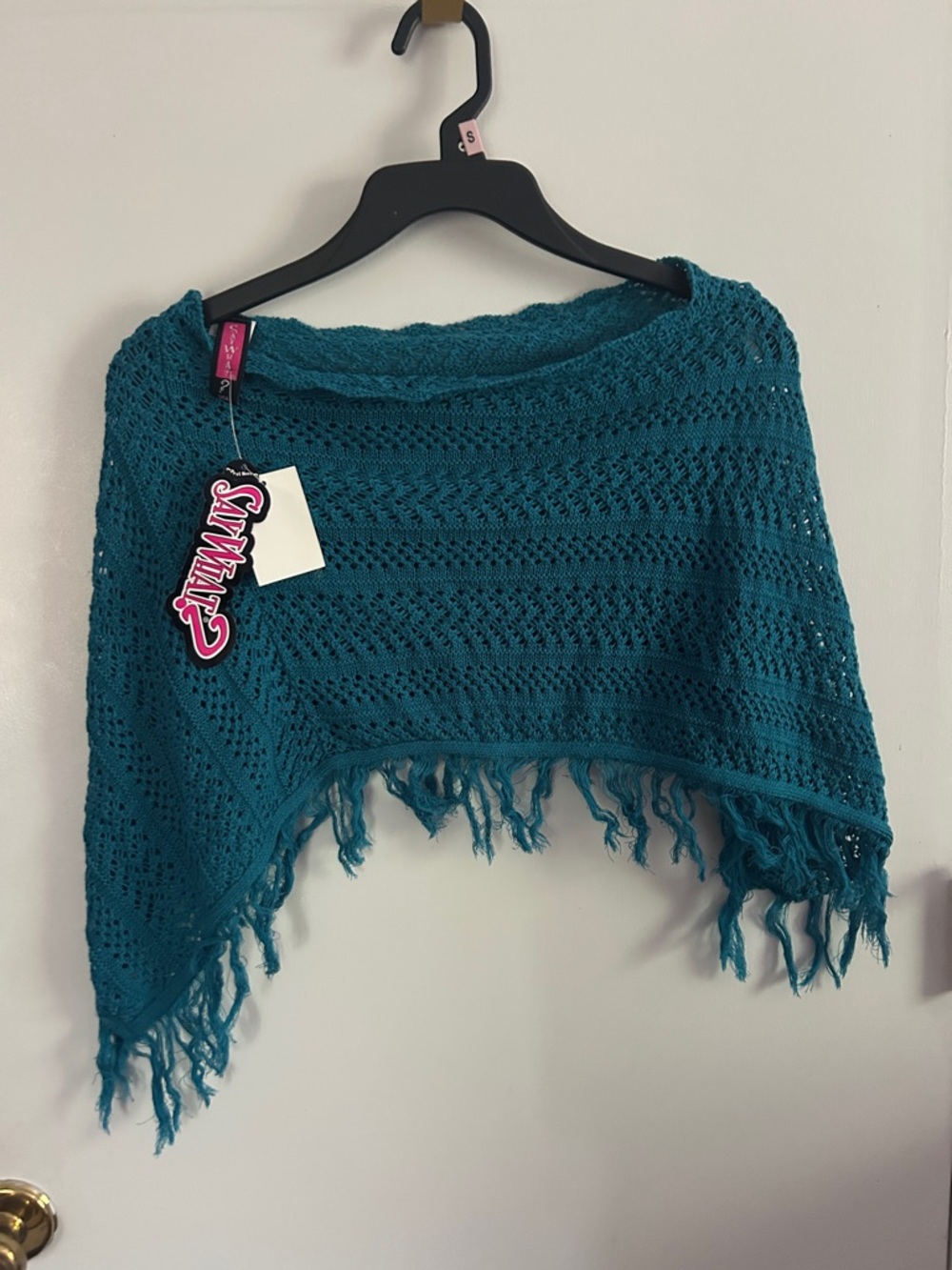 Say What? Teal Crochet Fringe Poncho
